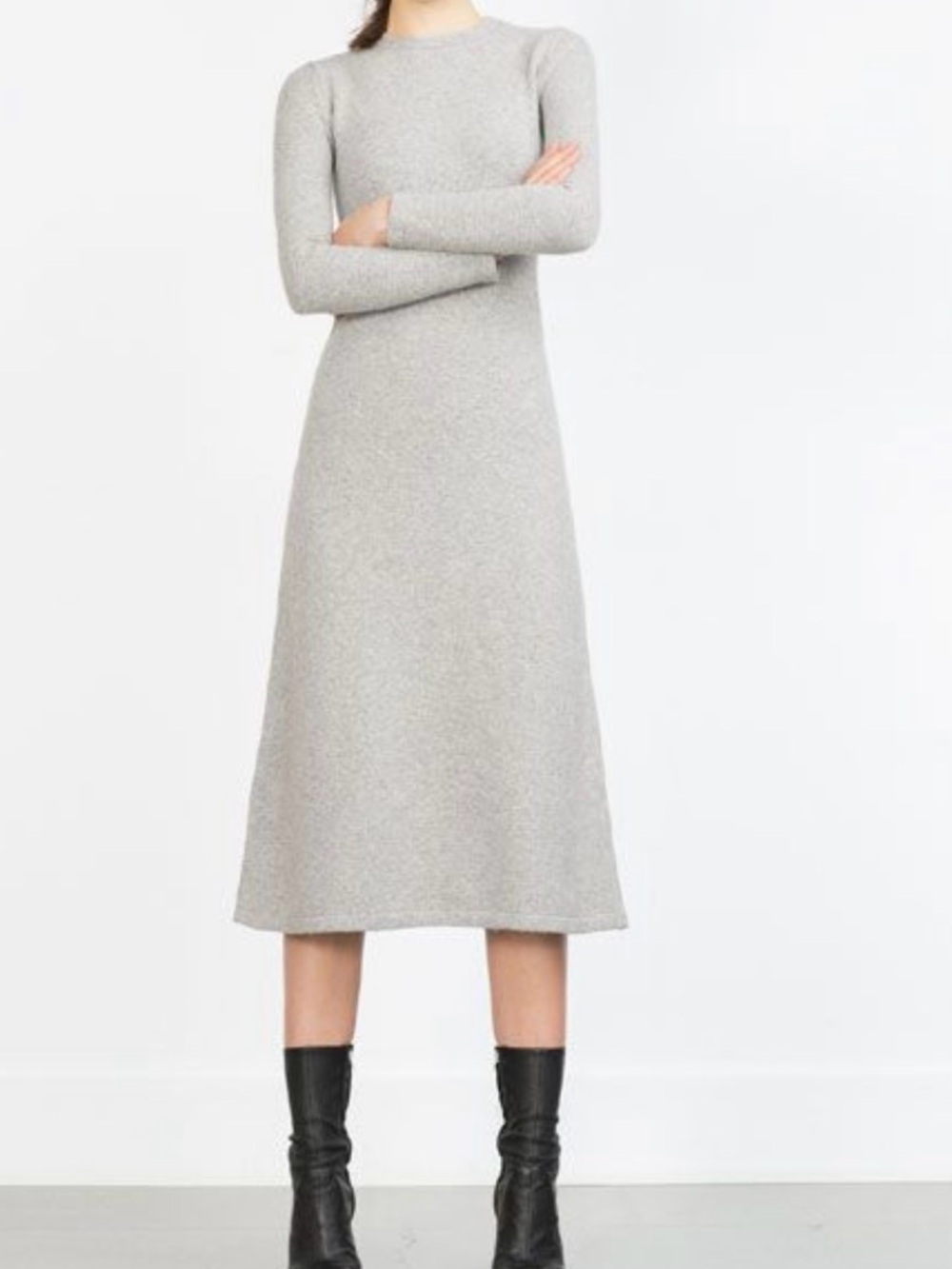 Zara Light Gray Long-Sleeve Midi Knit Dress(SKU865)
